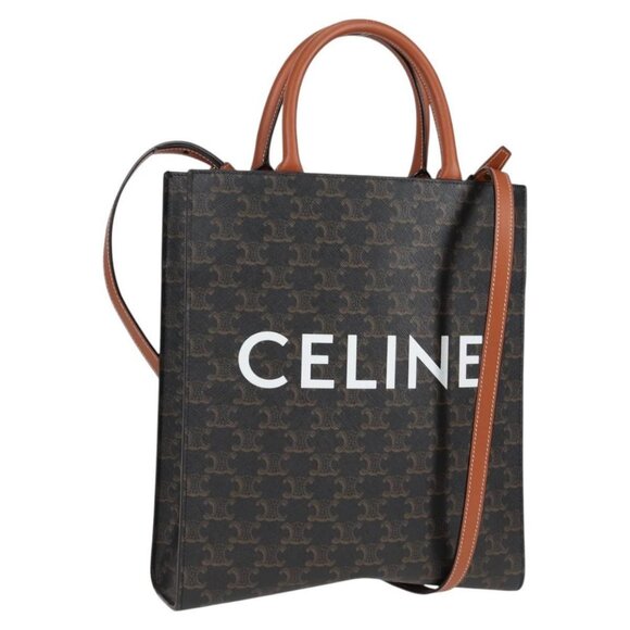 CELINE Triomphe Vertical Cabas Tote Bag PVC Leather Black Gold Auth nb490M - Picture 1 of 16